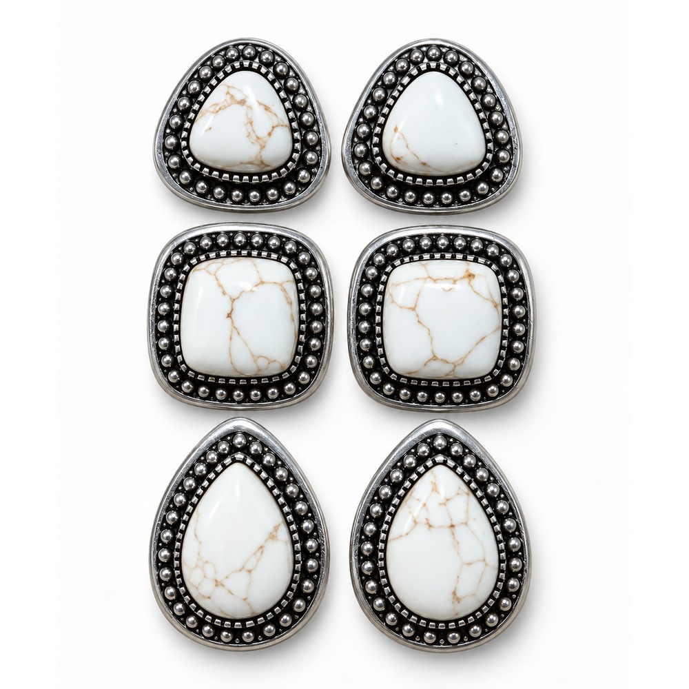 White Howlite Stud Earrings Set of 3 Western Concho Silver Tone Cowgirl